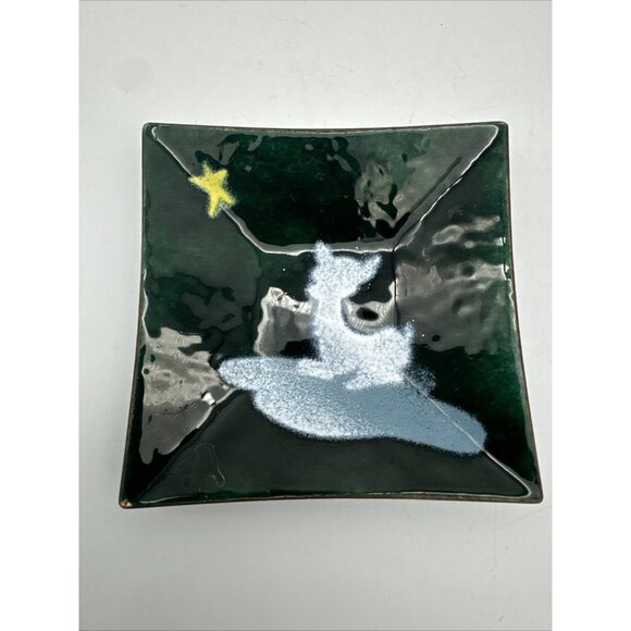 Vintage Enamel Copper Celestial Star Cloud Deer Green Trinket Ring Dish - Picture 1 of 9